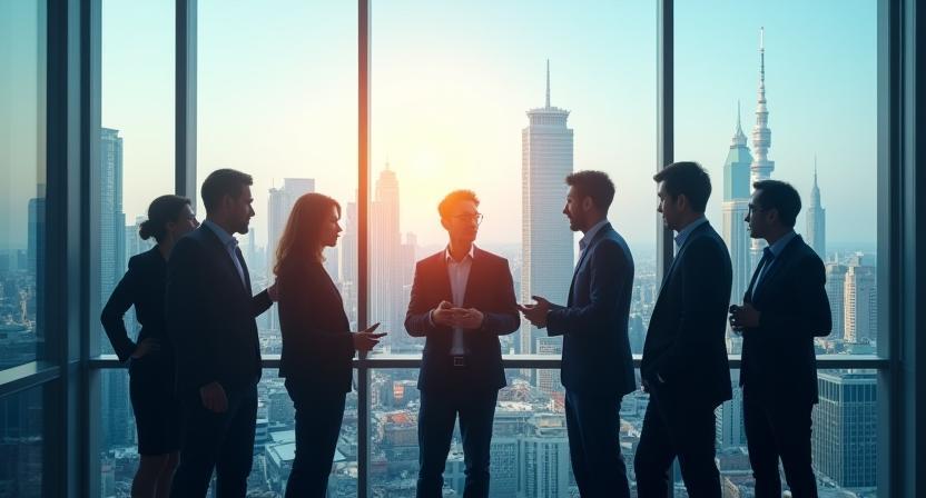 Modern Tokyo skyline with diverse professionals in discussion